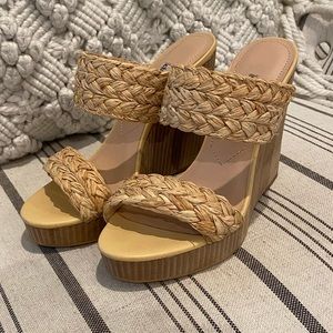 Charles David Tan Braided Straw Platform Wedge Sandals